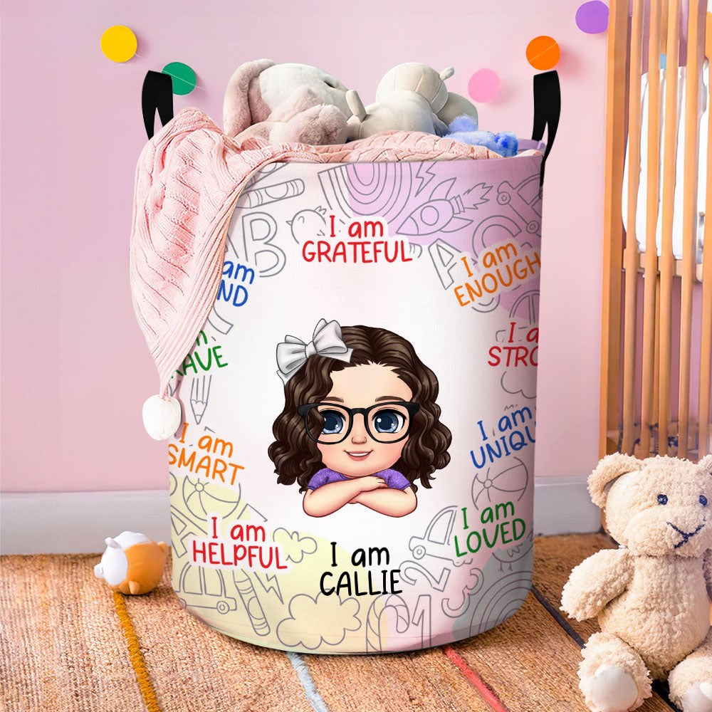 Personalizado I Am Strong Motivación Dibujos animados Niño Niña Cesto de la ropa con nombre Cumpleaños Inauguración de la casa Regalo para niños Niñas