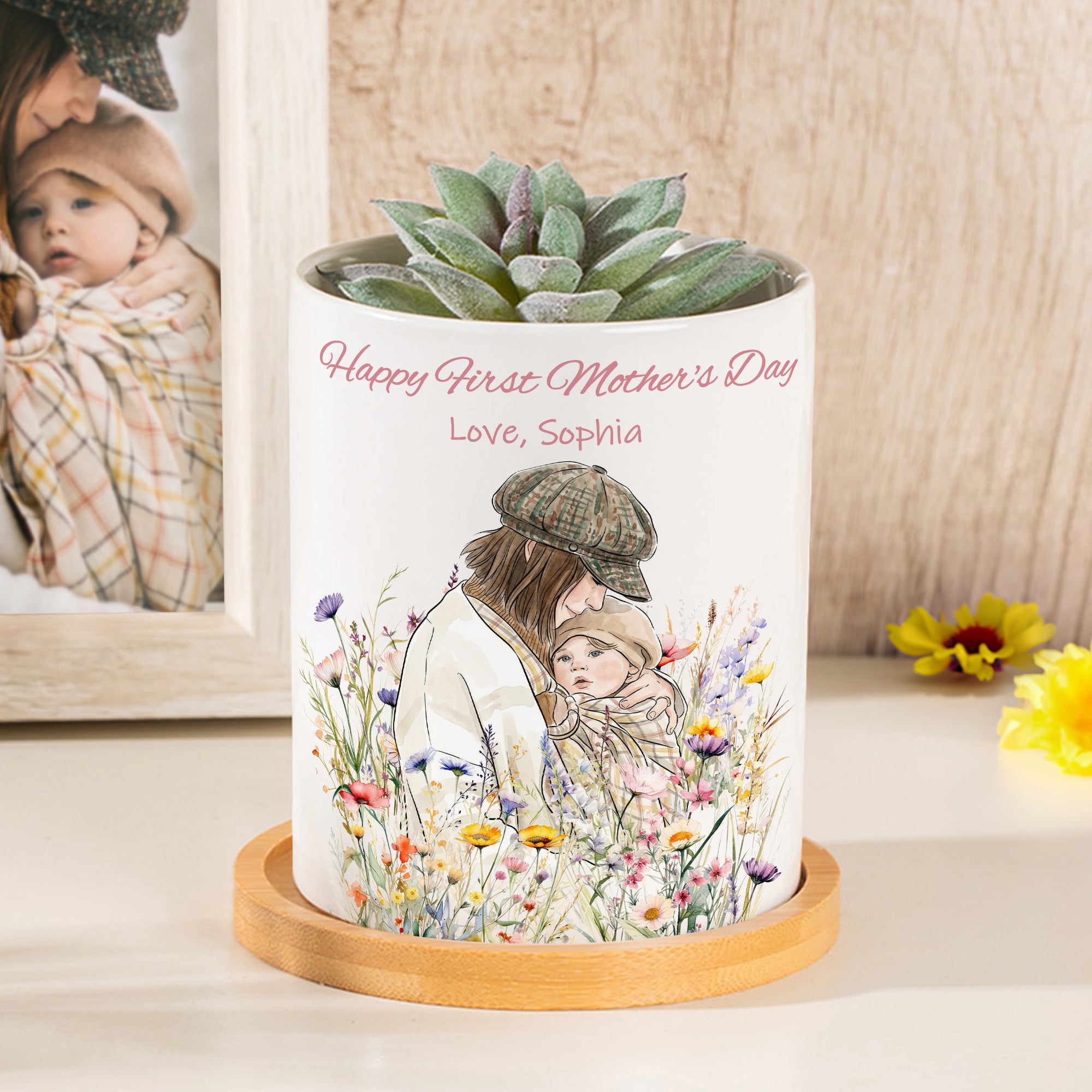 Maceta de cerámica personalizada con nombre y base de bambú Día de la Madre Regalo de cumpleaños para mamá abuela