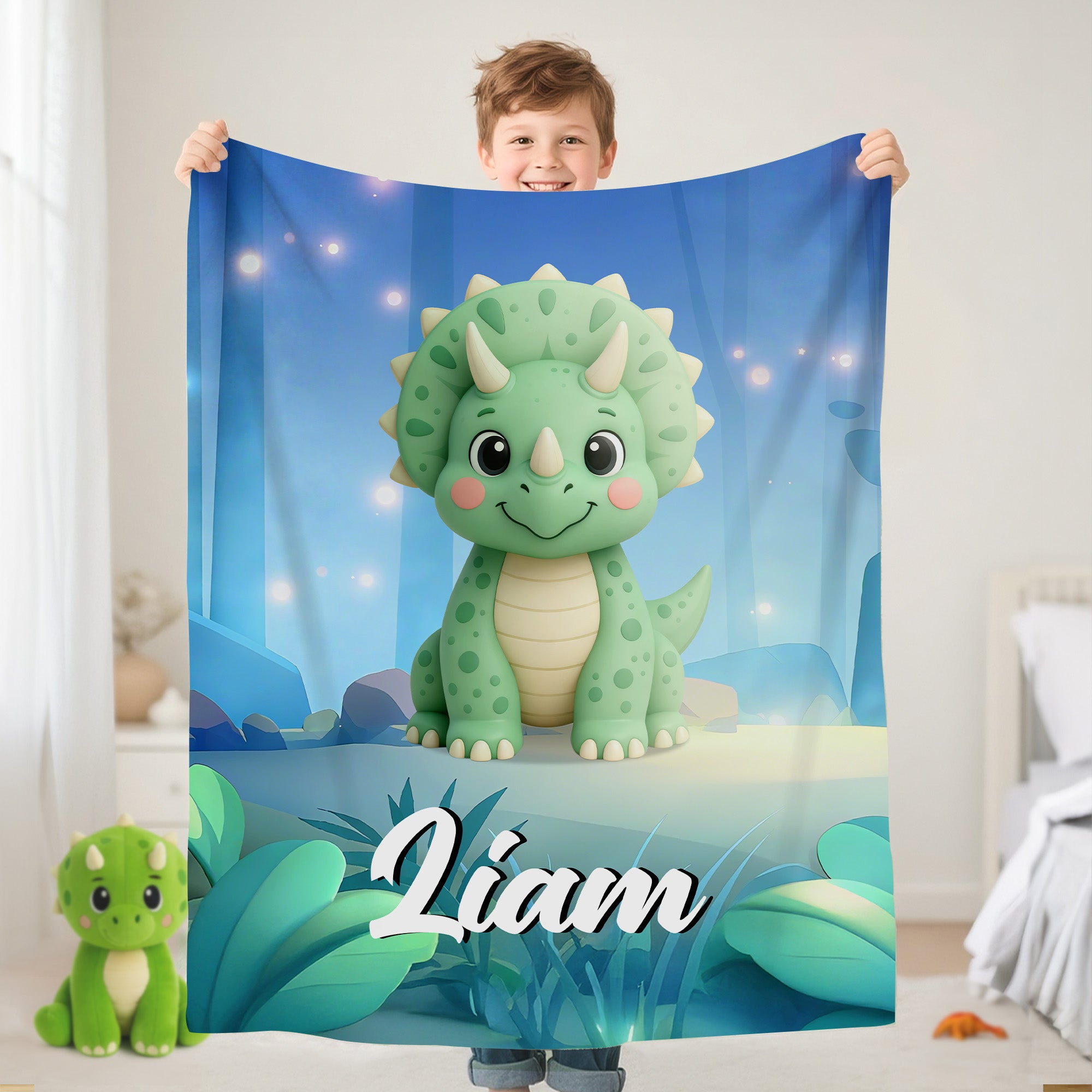 Manta suave de dinosaurio de dibujos animados personalizada con nombre Decoración del hogar Regalo de cumpleaños para niños amantes de los dinosaurios