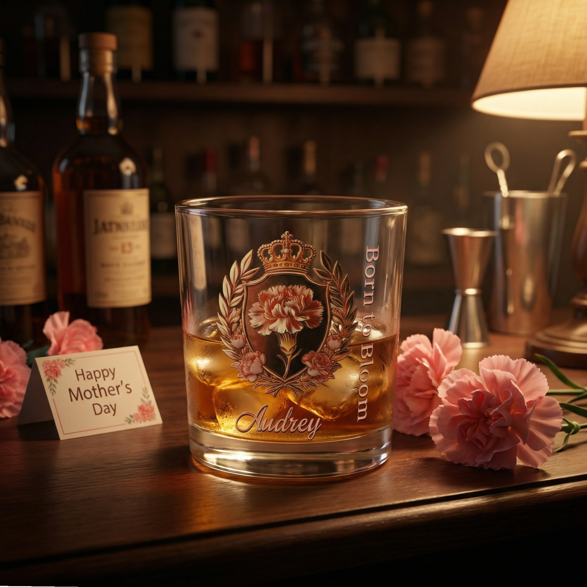 Corona Floral Personalizada Insignia 10 oz Whisky Glass con Nombre y Texto Cumpleaños Día de la Madre Regalo para la Mujer Madre