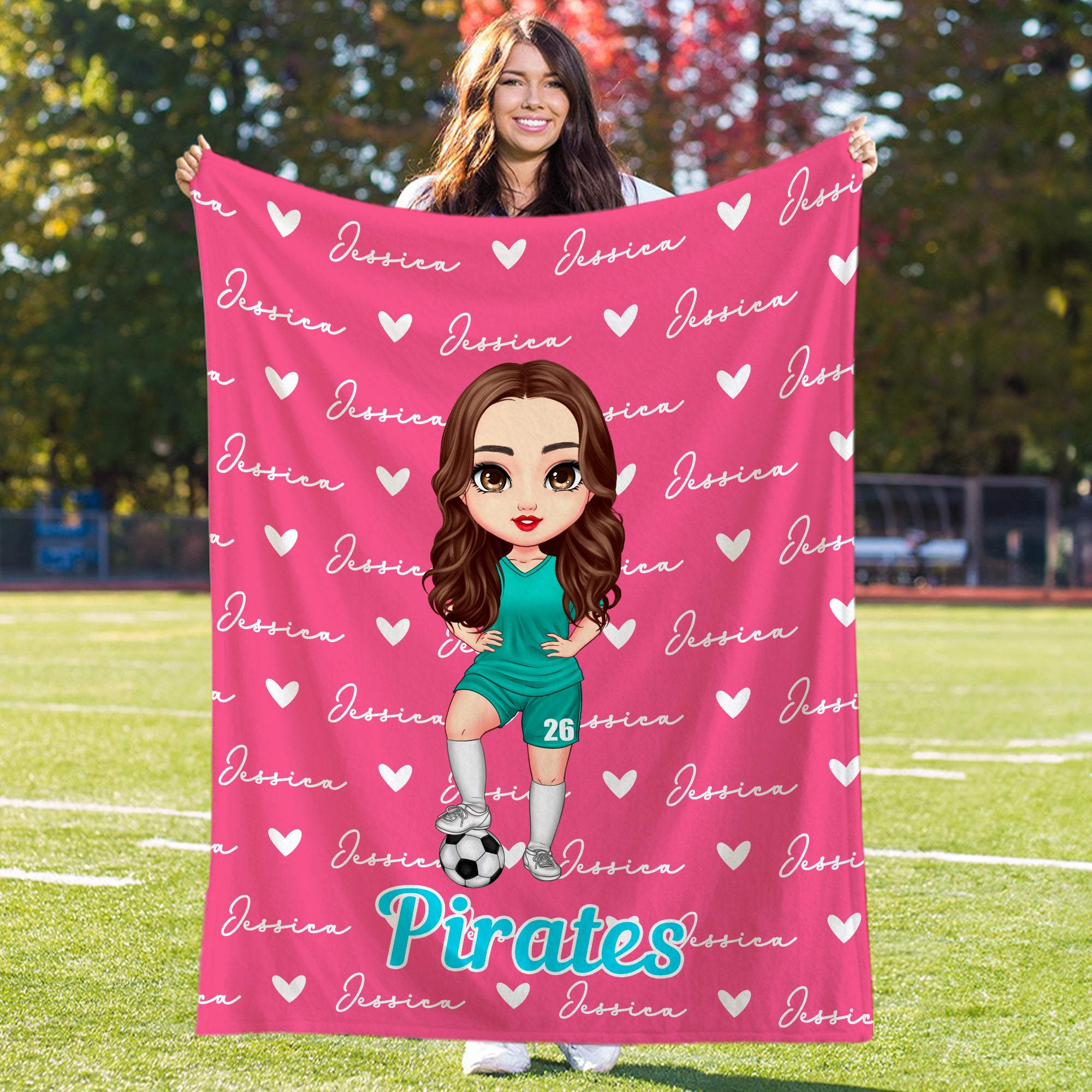 Manta blanda personalizada con el nombre y el número de un personaje de fútbol de dibujos animados, para regalar el día del partido a un futbolista.