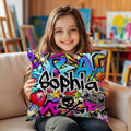 Funda de cojín personalizada con nombre para fiesta de cumpleaños para niños amantes del graffiti.
