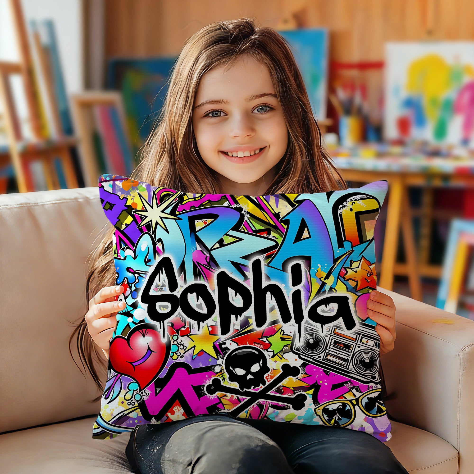 Funda de cojín personalizada con nombre para fiesta de cumpleaños para niños amantes del graffiti.