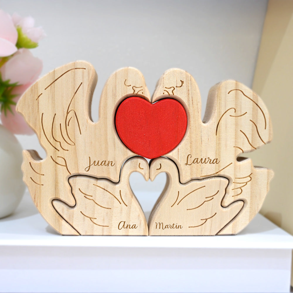 Rompecabezas de madera personalizado con familia de cisnes y 2 a 5 nombres grabados decoración para escritorio regalo de aniversario para la familia