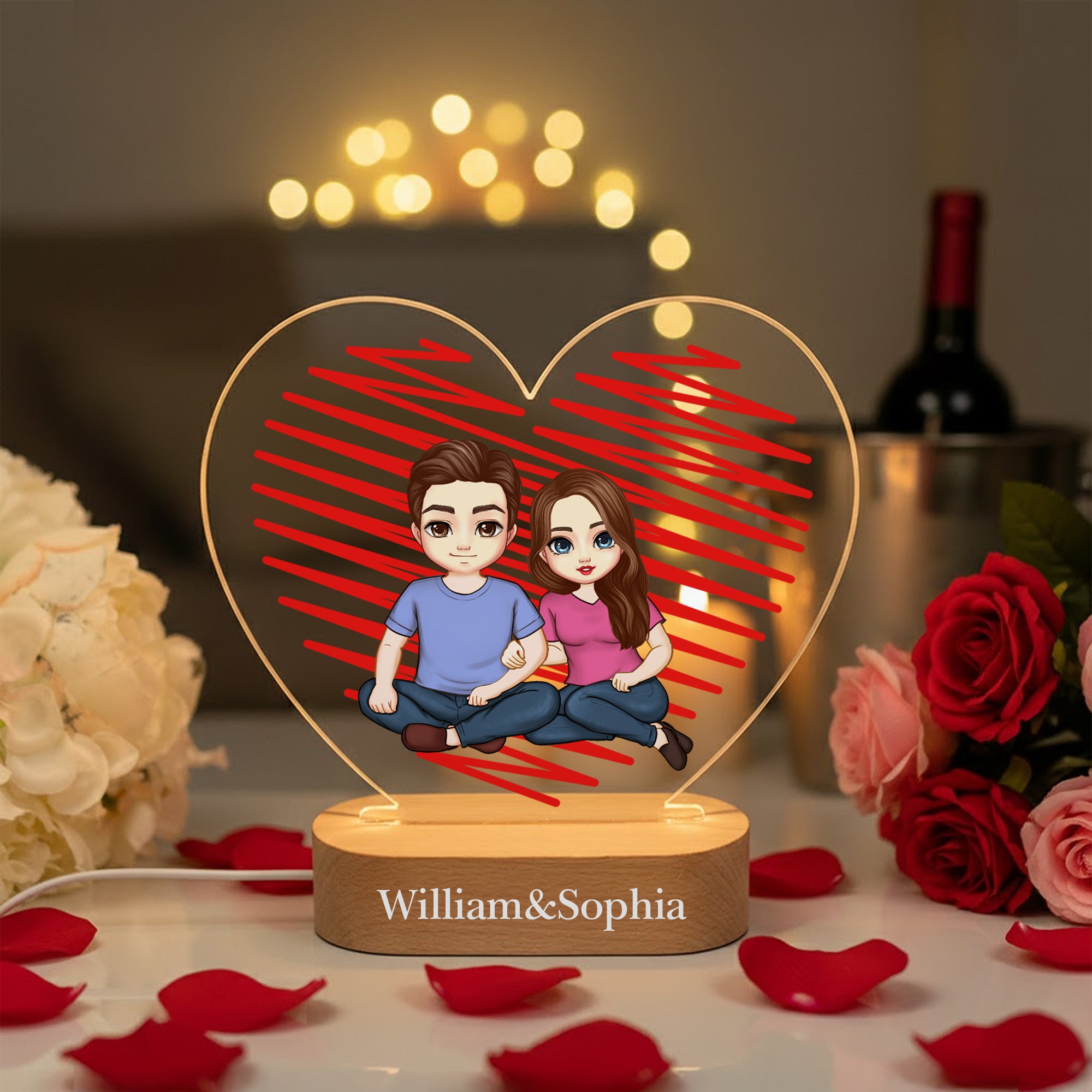 Personalizado de dibujos animados de personajes de la pareja del corazón de acrílico LED Luz de noche con nombre y base de madera Decoración para el hogar Día de San Valentín Aniversario de regalo par