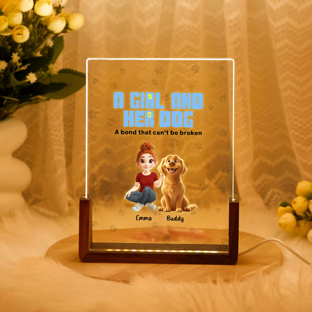 Personalizada Una chica y sus perros tienen un lazo inquebrantable Luz de noche LED acrílica con base de madera Decoración del hogar Regalo de cumpleaños para dueños amantes de los perros