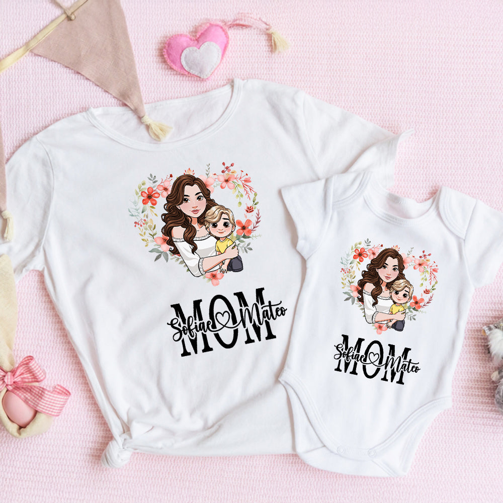 Conjunto de camiseta y body con nombres en forma de corazón de dibujos animados para mamá y niño Regalo de cumpleaños para mamá en el Día de la Madre