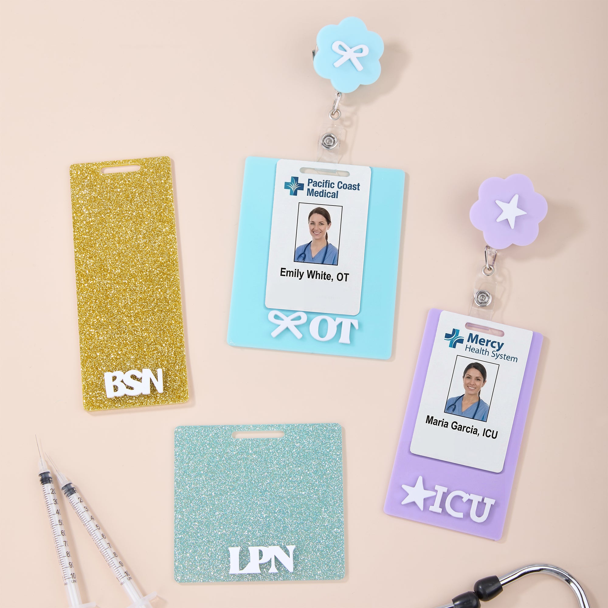 Personalizado Multicolor Glitter Flor Lazo Texto Acrílico Identificación Titular con Carrete Apreciación Enfermera Semana Regalo para Médico Enfermera Personal Médico