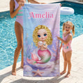 Toalla de playa personalizada de microfibra con nombre y diseño de sirena de dibujos animados secado rápido regalo de cumpleaños para niñas