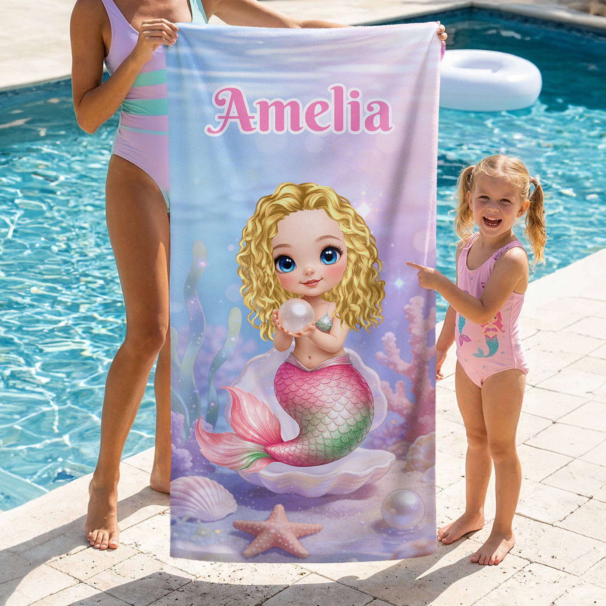 Toalla de playa personalizada de microfibra con nombre y diseño de sirena de dibujos animados secado rápido regalo de cumpleaños para niñas