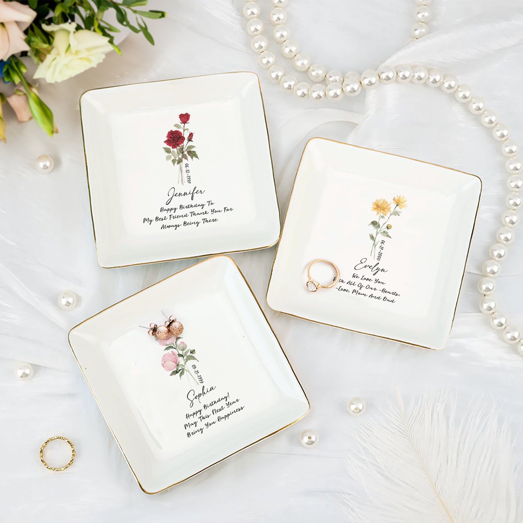 Personalizada Nacimiento Flor Cuadrado de cerámica Baratija Joyería Plato con el nombre del texto y la fecha de la boda nupcial ducha cumpleaños de regalo para las mujeres de la familia