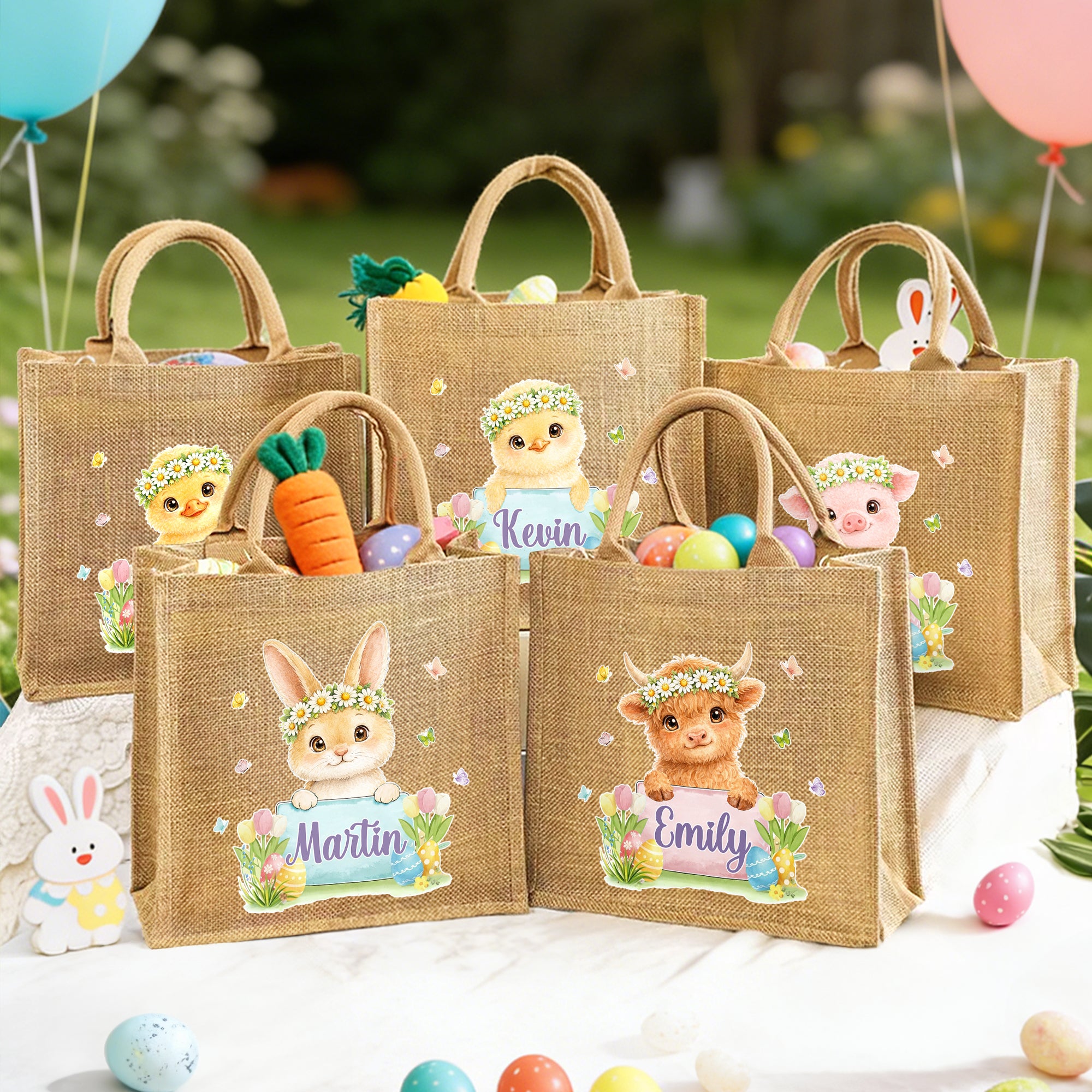 Conejito de Pascua personalizado Vaca de las Tierras Altas Bolsa de yute grande con nombre Fiesta de Pascua Regalo para niños Niñas