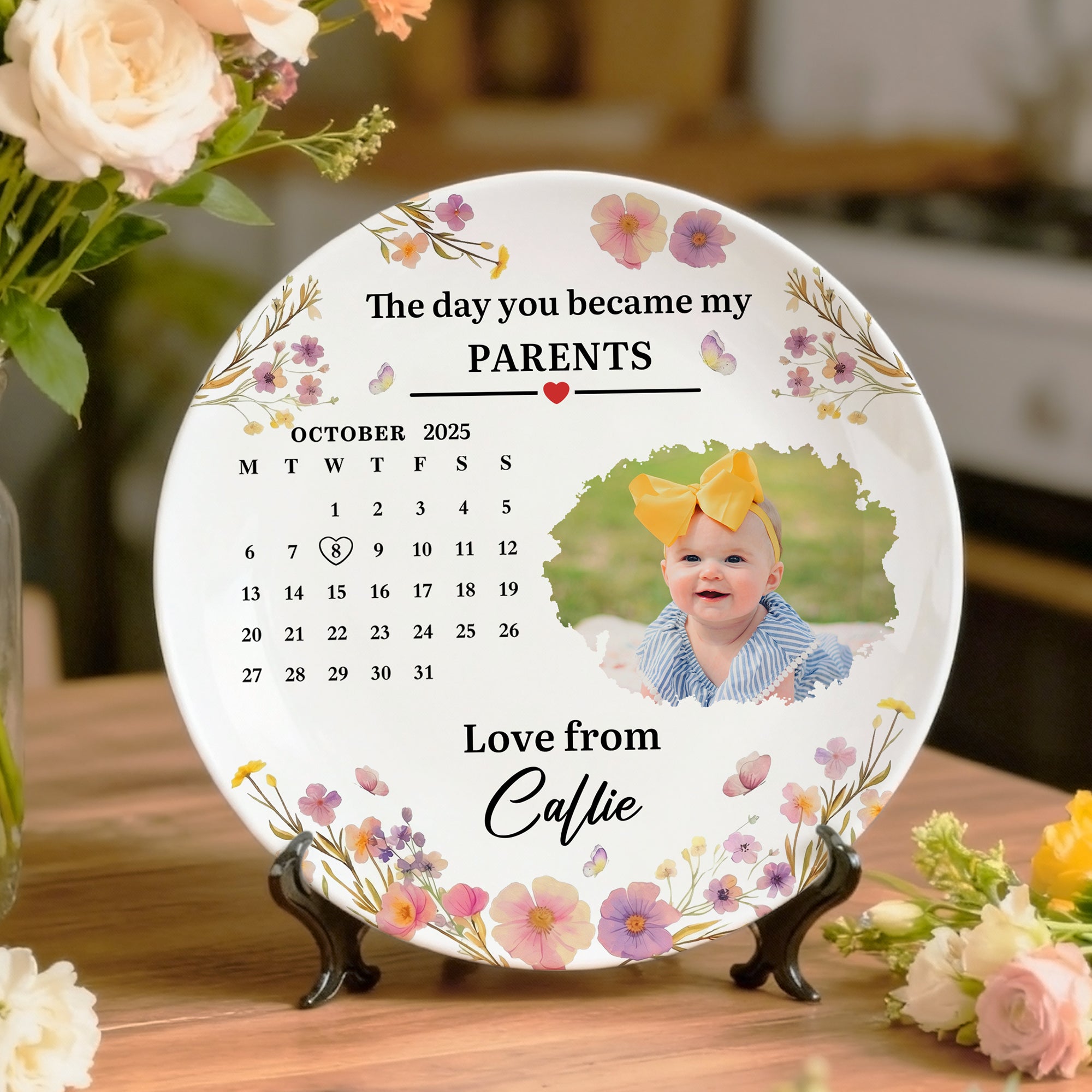 Calendario personalizado con foto de recién nacido Plato decorativo de cerámica con título y soporte Cumpleaños Día de la madre Baby Shower Regalo para la familia
