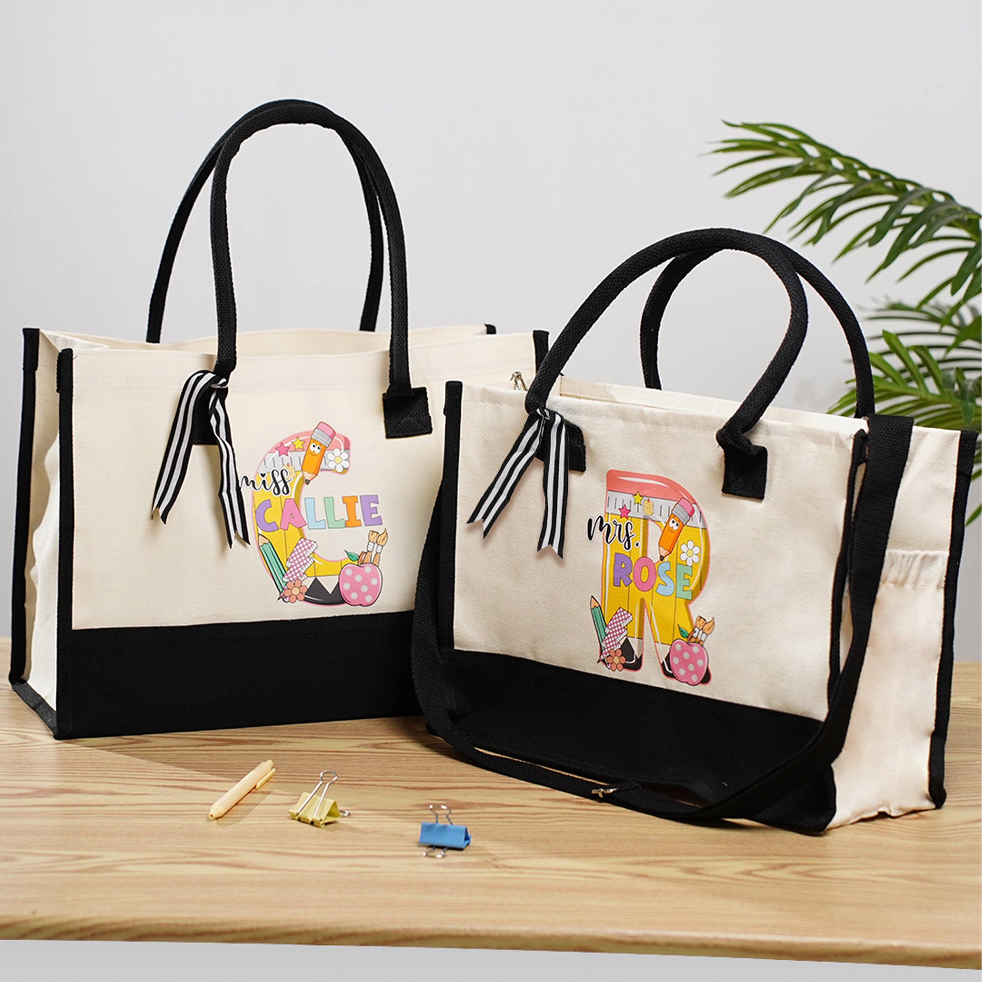 Manzana personalizada Regla Lápiz Inicial Bolsa de mano grande con nombre y correa ajustable para el hombro Viaje Día del Profesor Regalo de cumpleaños para profesores
