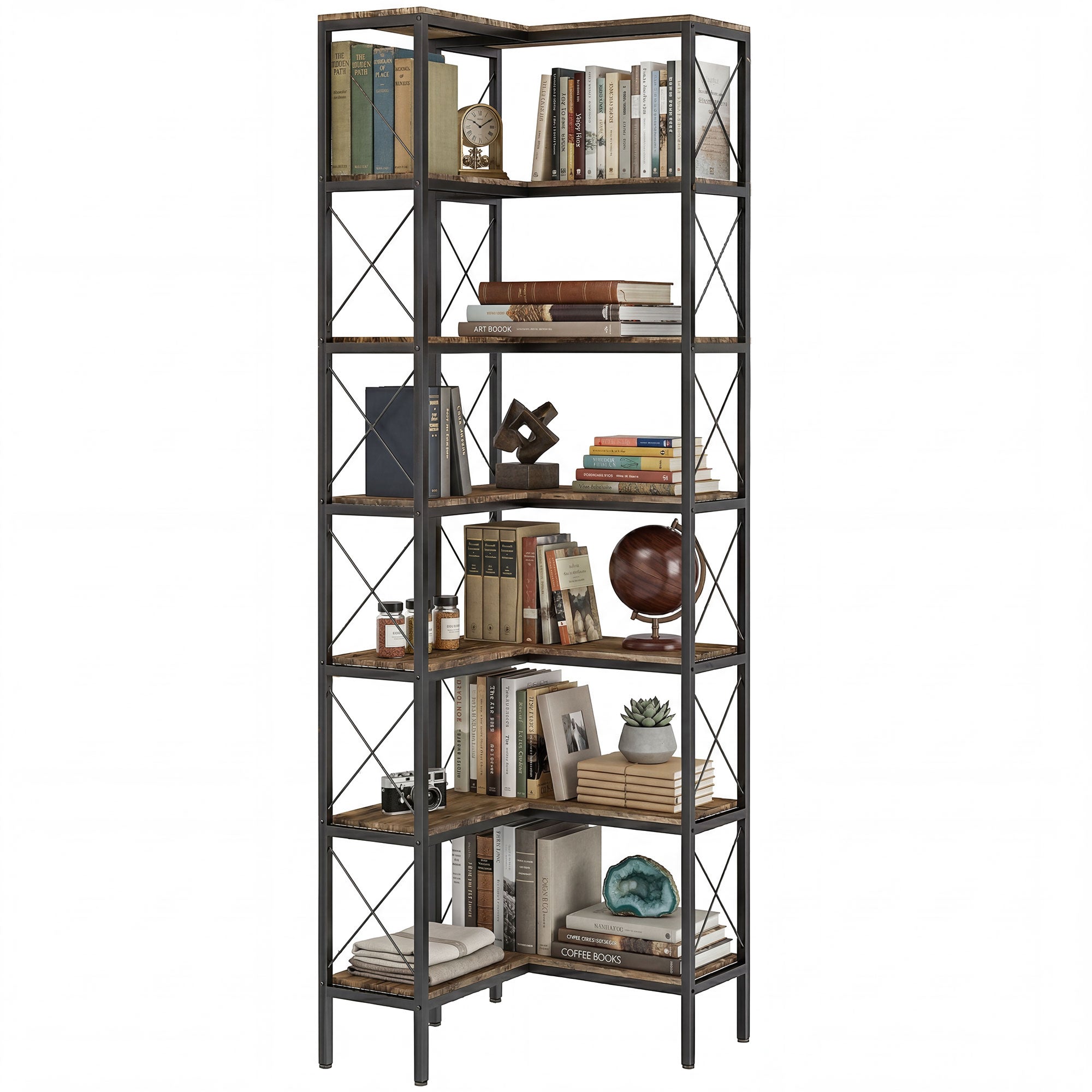 6-Tier L-Shaped Corner Bookshelf with Metal Frame, 60 x 60 x 200 cm, Rustic Brown