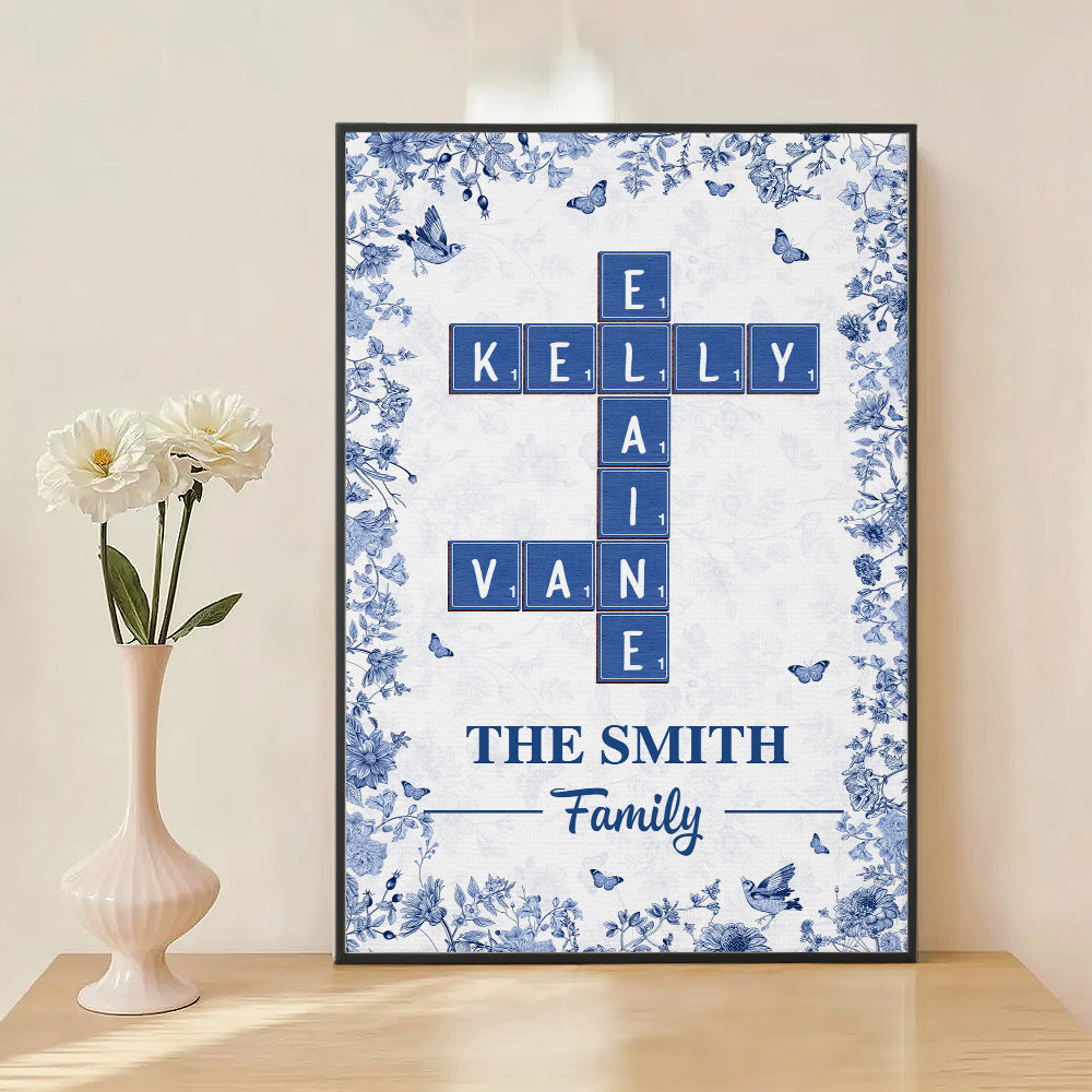 Personalizado Azul Floral Familia Crucigrama Arte Póster Sin Marco Pintura con Nombre y Texto Decoración de Pared Regalo de Cumpleaños para Familias