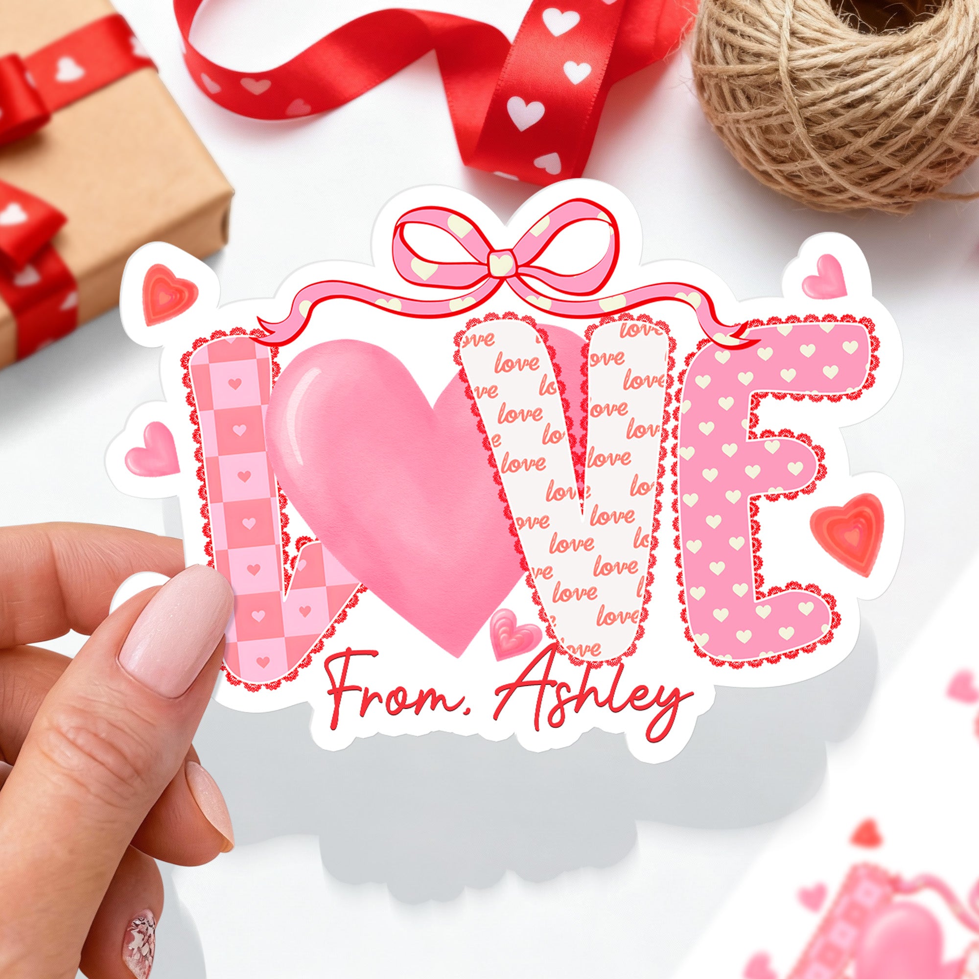 Adhesivo personalizado con lazo de amor Corazón rosa con texto Uso diario Regalo de San Valentín para novia Esposa