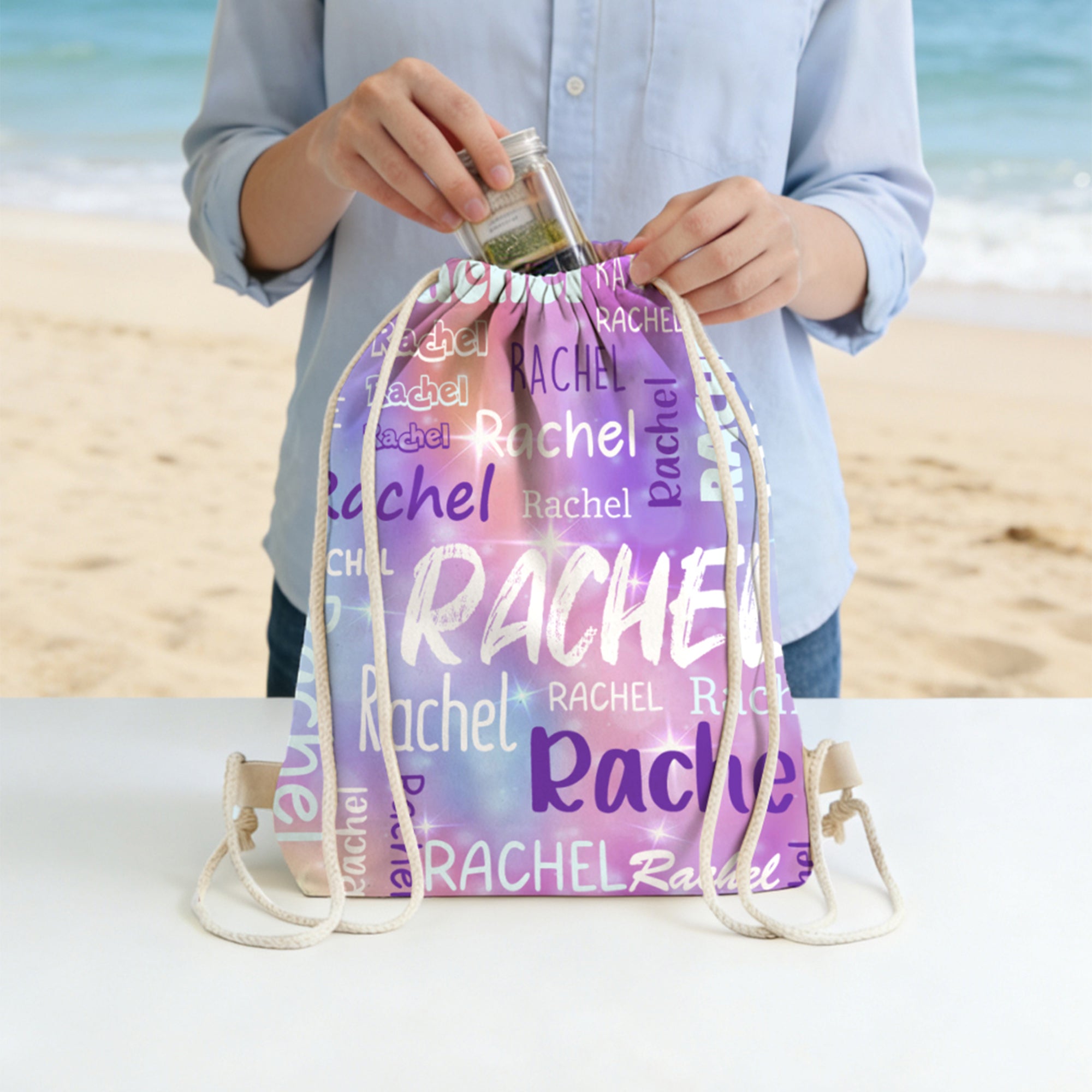 Mochila de playa personalizada con nube de palabras en color degradado y nombre Fiesta en la playa Regalo de cumpleaños para niños Adultos
