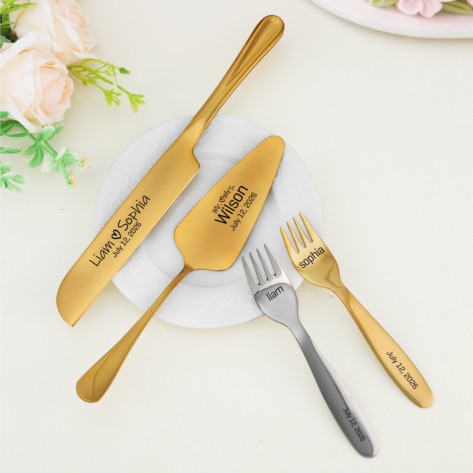Juego de tenedores de boda y plato de tarta de cerámica personalizados y grabados con nombre y fecha Regalo de compromiso para recién casados