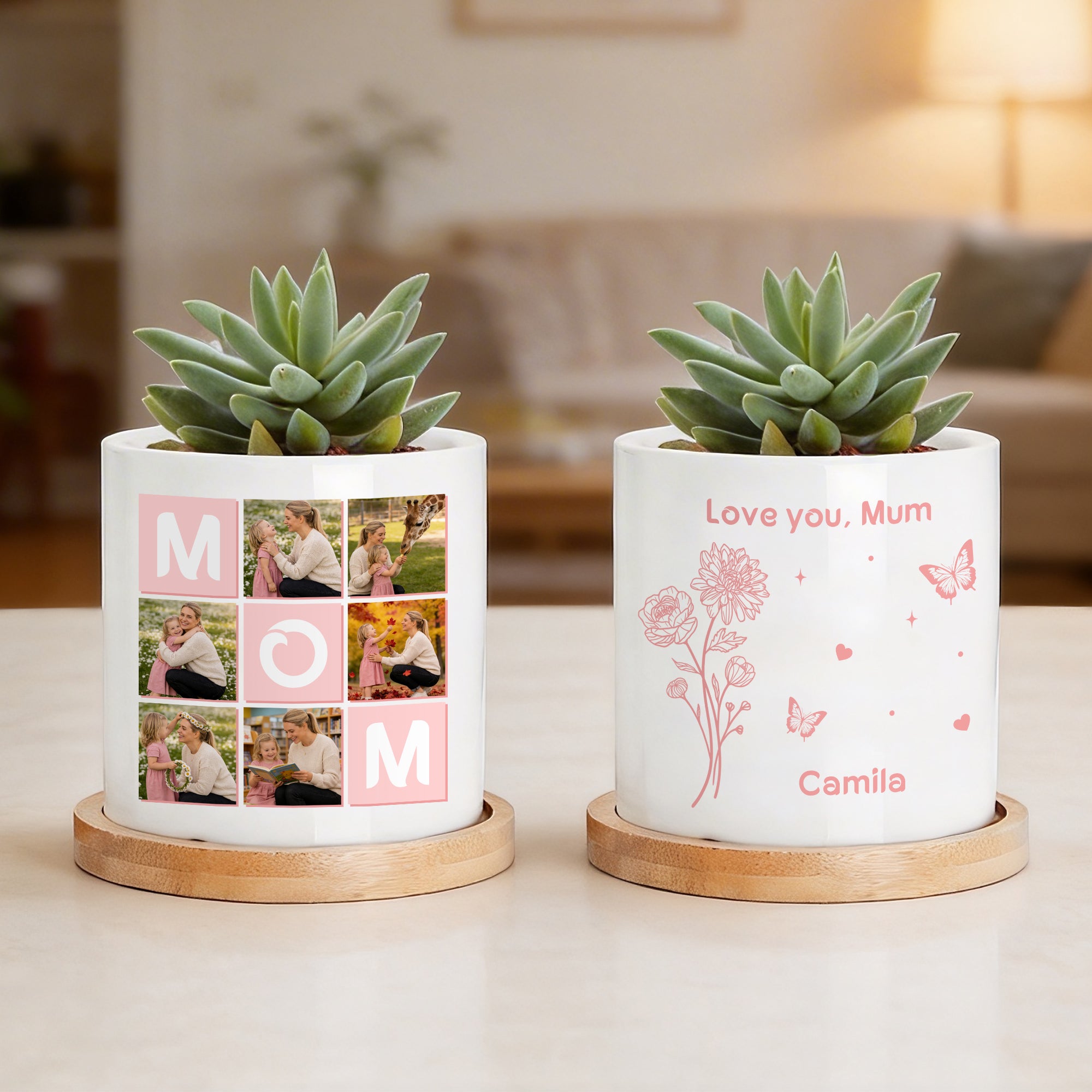 Personalizado 6 Fotos Collage Nacimiento Flor Maceta de cerámica con nombre y bandeja de bambú Día de la Madre Cumpleaños Regalo para Mamá Abuela