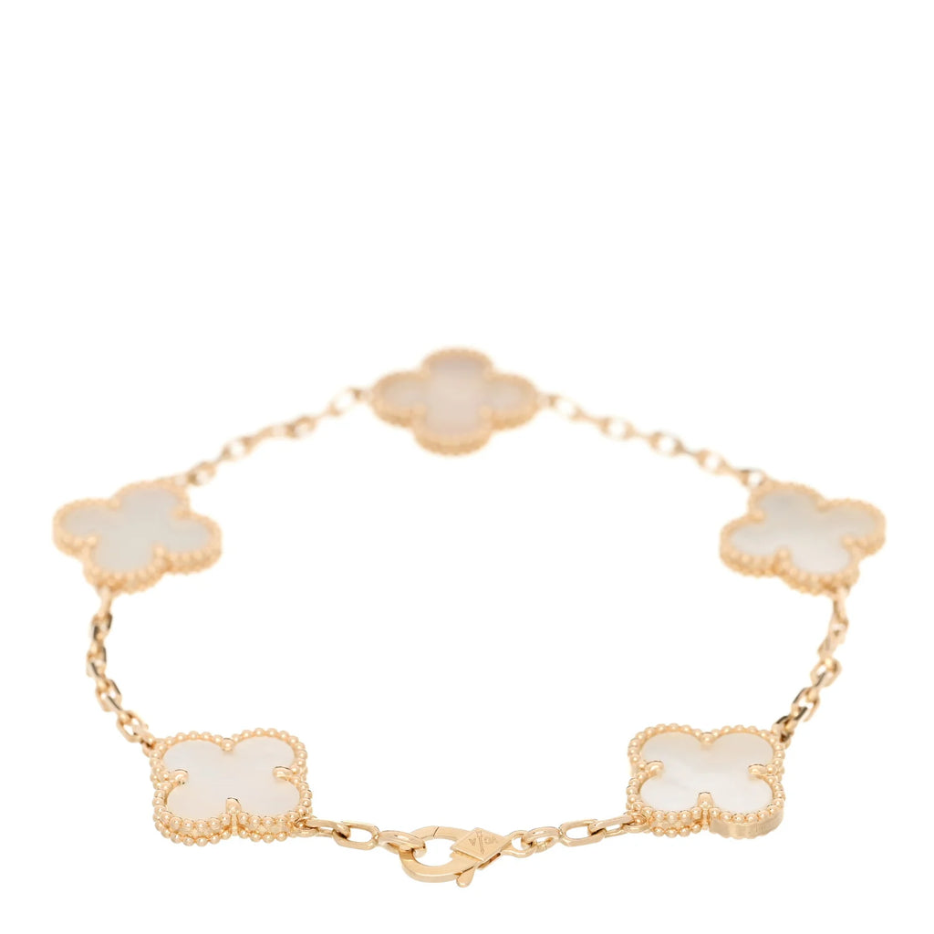 Van Cleef & Arpels 18K Yellow Gold Mother of Pearl 5 Motifs Vintage Alhambra Bracelet