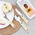Juego de cubiertos de 3 piezas con nombre y estuche de regalo de cumpleaños para niñas de acero inoxidable con tenedor, cuchara, cuchillo y lazo de princesa de dibujos animados personalizado