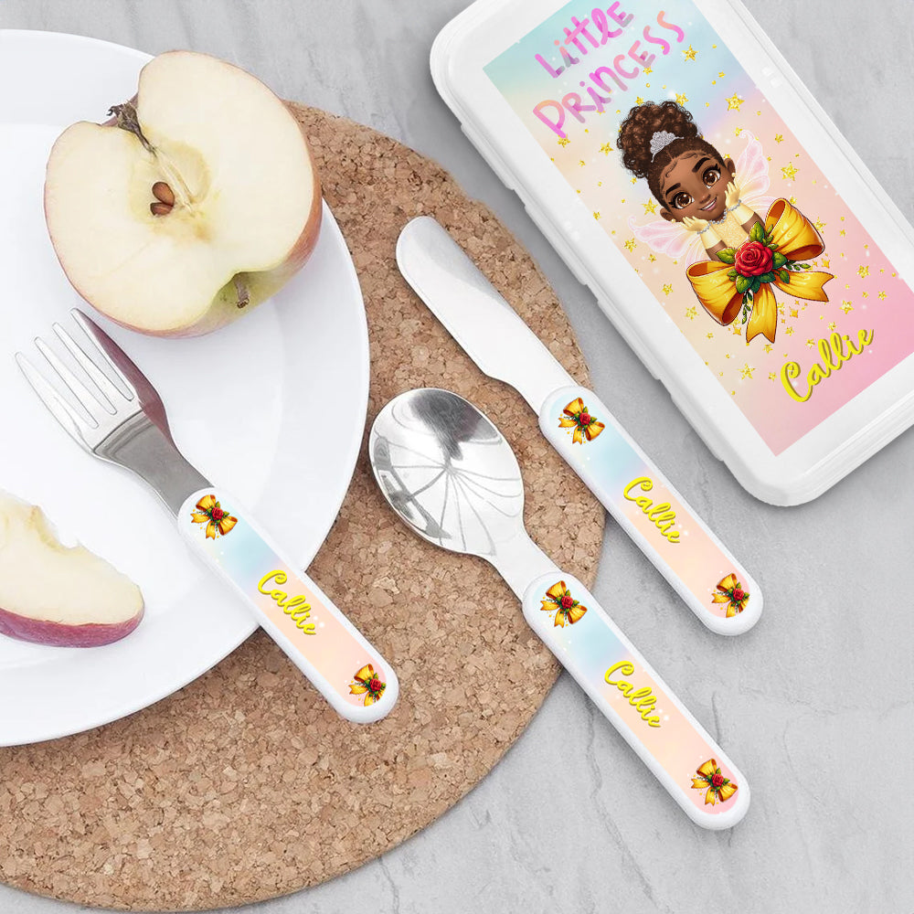 Juego de cubiertos de 3 piezas con nombre y estuche de regalo de cumpleaños para niñas de acero inoxidable con tenedor, cuchara, cuchillo y lazo de princesa de dibujos animados personalizado