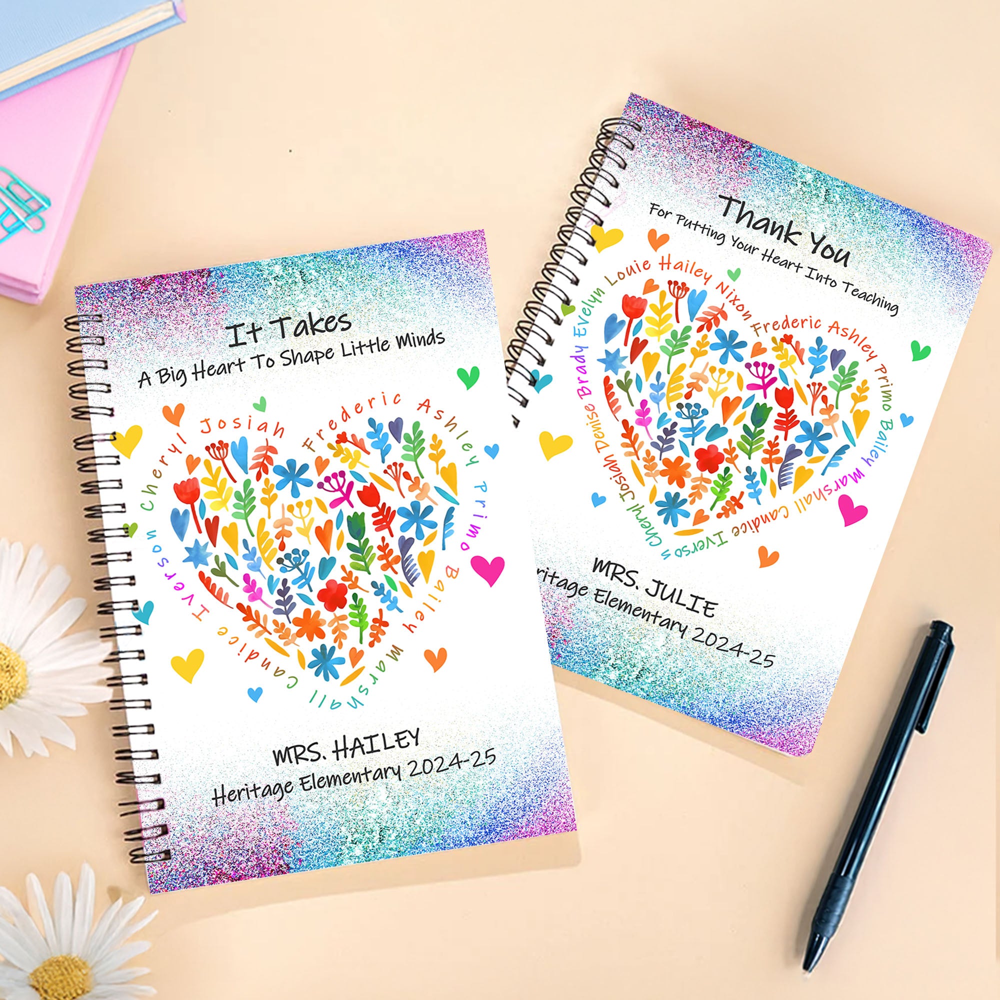 Cuaderno de espiral A5 personalizado con nombre y texto Flor de corazón de colores Apreciación de vuelta al cole Regalo de cumpleaños para profesores Educadores