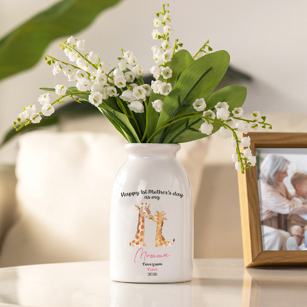 Personalizado Feliz 1er Día de la Madre Florero de Cerámica con Dibujo de Animal con Nombre y Título Regalo de Cumpleaños para Nueva Mamá