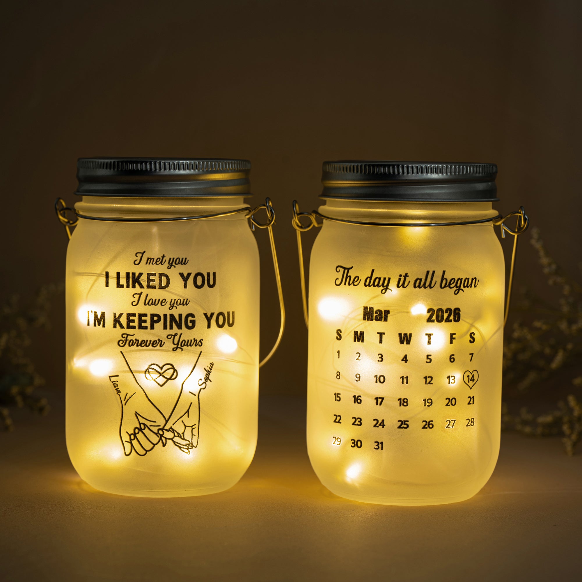 Pareja personalizada Pinky Promise Light Up Mason Jar luz de la noche con el nombre Calendario Fecha y las luces de cadena Día de San Valentín Aniversario regalos para ella