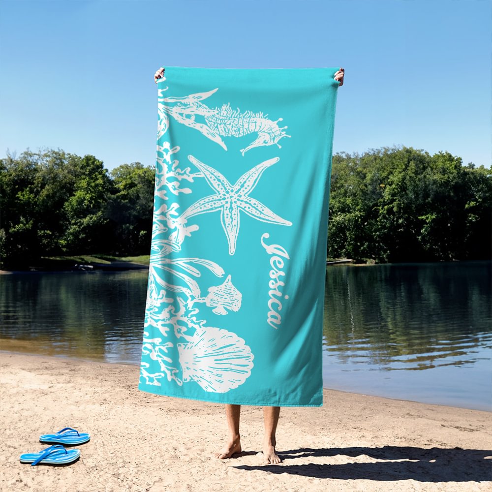 Toalla de playa de gran tamaño de secado rápido personalizada con nombre Caballito de mar multicolor Estrella de mar Fiesta en la playa Regalo de vacaciones para un amigo de la familia