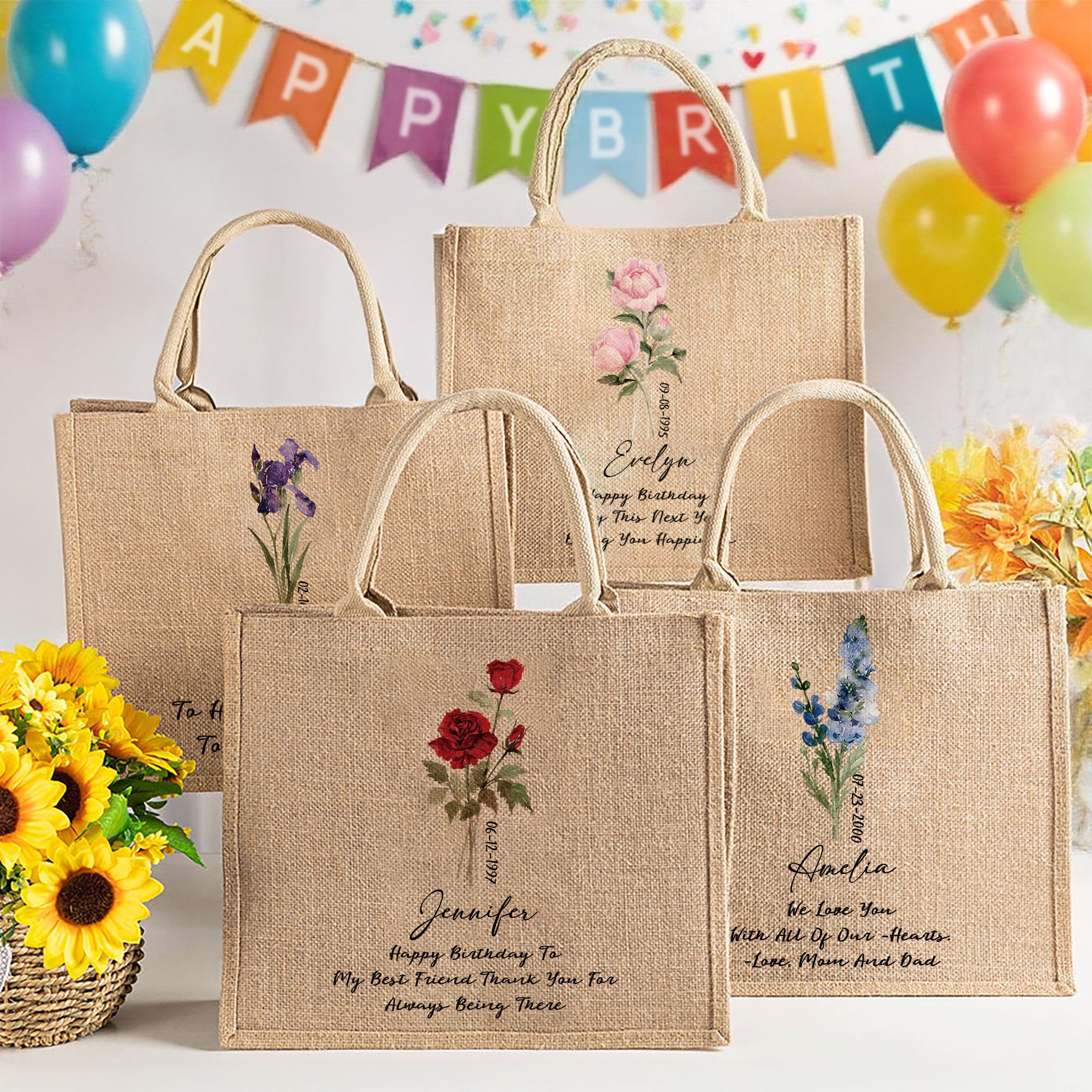 Bolsa de yute grande con nombre, fecha y texto Regalo de cumpleaños y Navidad para mujer