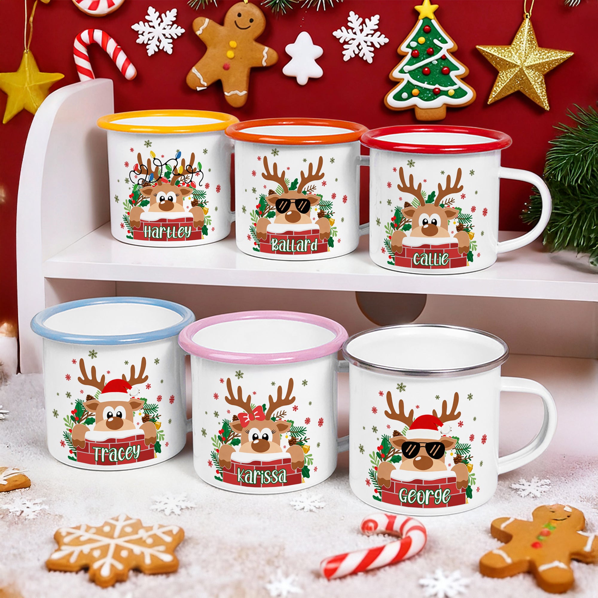Taza esmaltada personalizada con el nombre de un simpático alce navideño 12 oz Regalo de Navidad para la familia y los niños