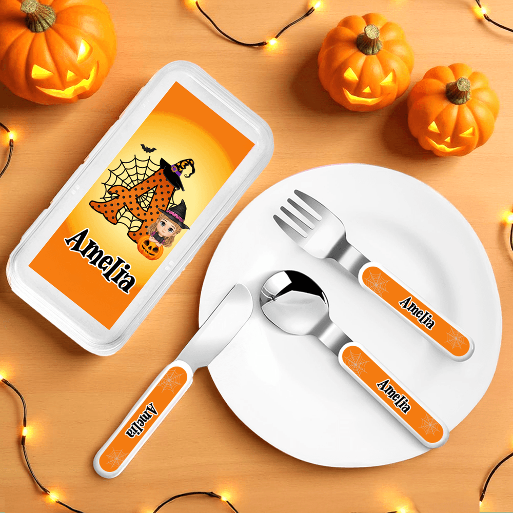 Personalizado lindo personaje de dibujos animados Telaraña Kid's Tenedor Cuchara Cuchillo 3 Pcs Cubiertos Set con Nombre Halloween Fiesta Regalo para Niños