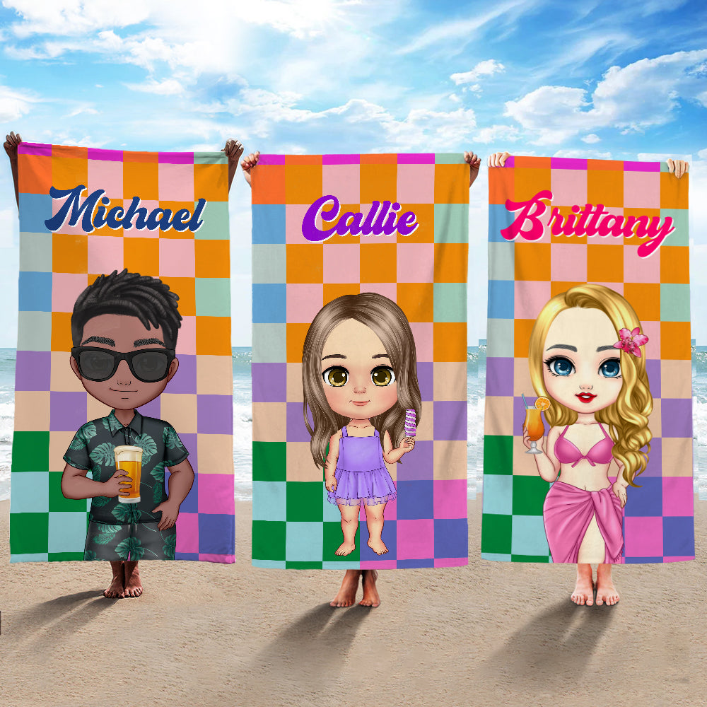 Toalla de playa de gran tamaño de secado rápido con nombre, personalizada, de dibujos animados de rejilla retro, esencial para viajes de verano, regalo de cumpleaños para niños y adultos