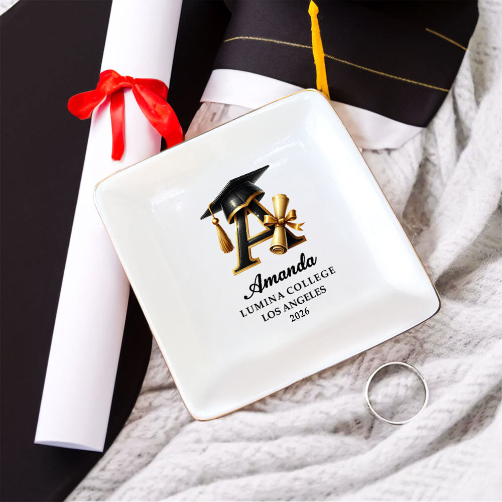Personalizado Inicial Graduación Gorra Pergamino Elementos Plato de Cerámica Joyería con Nombre y Año Cumpleaños Regalo de Graduación para Graduados