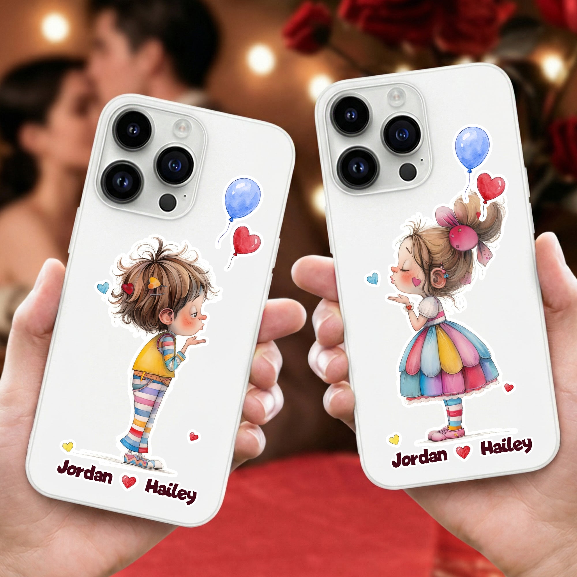 Caricatura romántica personalizada para iPhone con nombres Día de San Valentín Aniversario Regalo para novias Novios