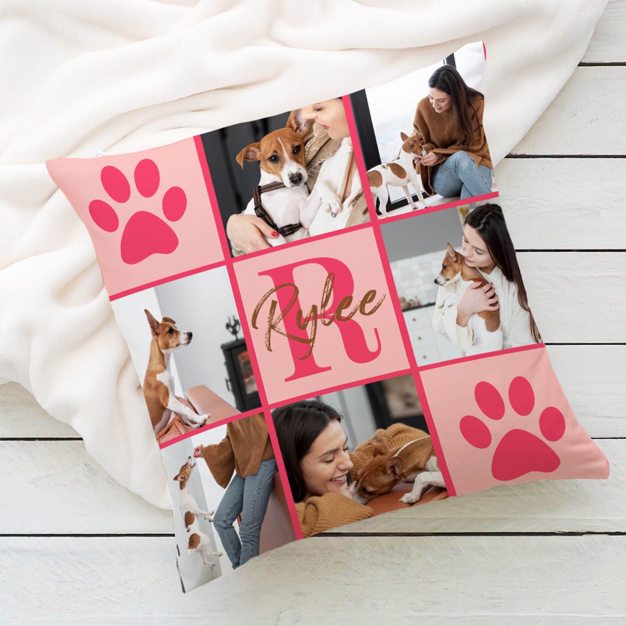 Personalizado Multicolor Paw Print Pet Fotos Suave Throw Funda de almohada con el nombre y la decoración del hogar Initial Birthday Gift for Pet Lovers Owners