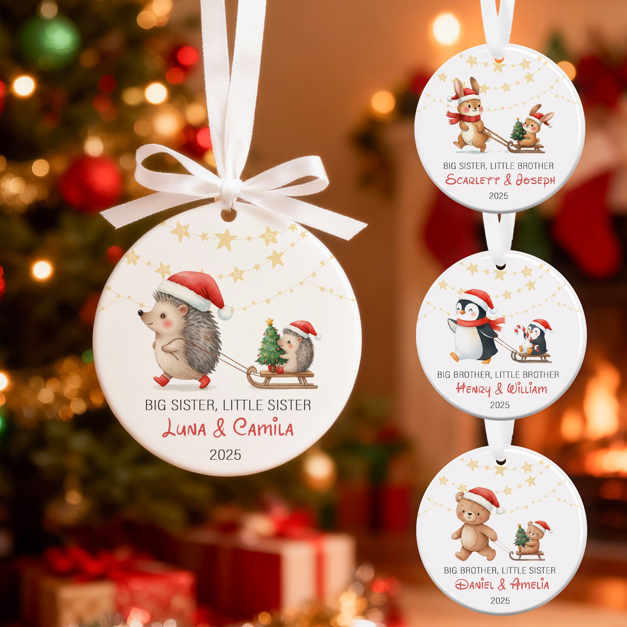 Adorno de cerámica navideño personalizado de acuarela de animales hermanos con nombre y año Primer regalo de Navidad para recién nacidos
