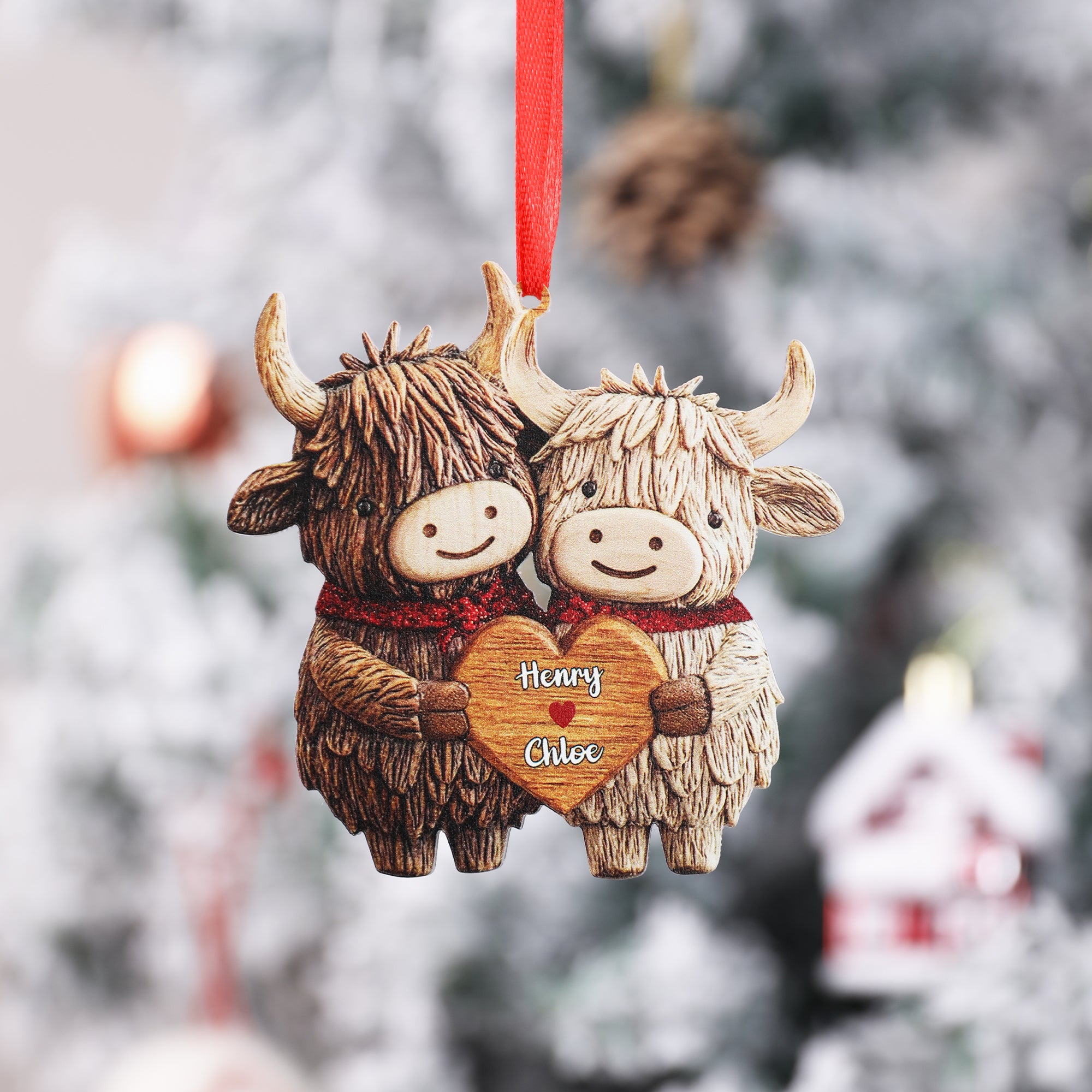 Vaca de las Tierras Altas personalizada Amor Adorno acrílico con nombres Decoración para el hogar Día de San Valentín Regalo de aniversario para la pareja