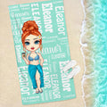 Toalla de playa de gran tamaño de secado rápido con nombre Personalizada de dibujos animados de personajes de nubes de palabras Fiesta en la playa de verano Esenciales de viaje Regalo de cumpleaños pa