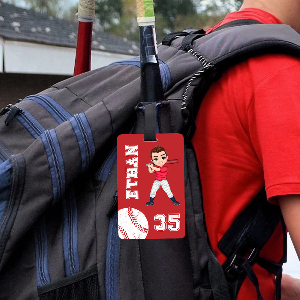 Etiqueta de equipaje multicolor personalizada con nombre y número de personaje deportivo de dibujos animados Accesorios de viaje Regalo de cumpleaños para los amantes de los deportes de pelota