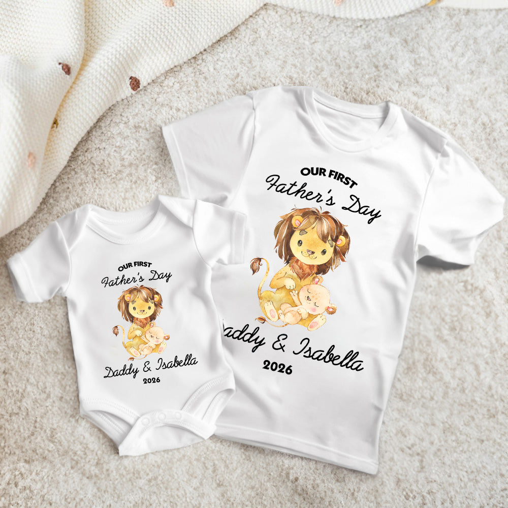 Personalizado Lindo León de Padre e Hijo 100% Algodón Body de Bebé a Juego Camiseta de Adulto con Nombre y Año Primer Regalo del Día del Padre para Recién Nacido Nuevo Papá