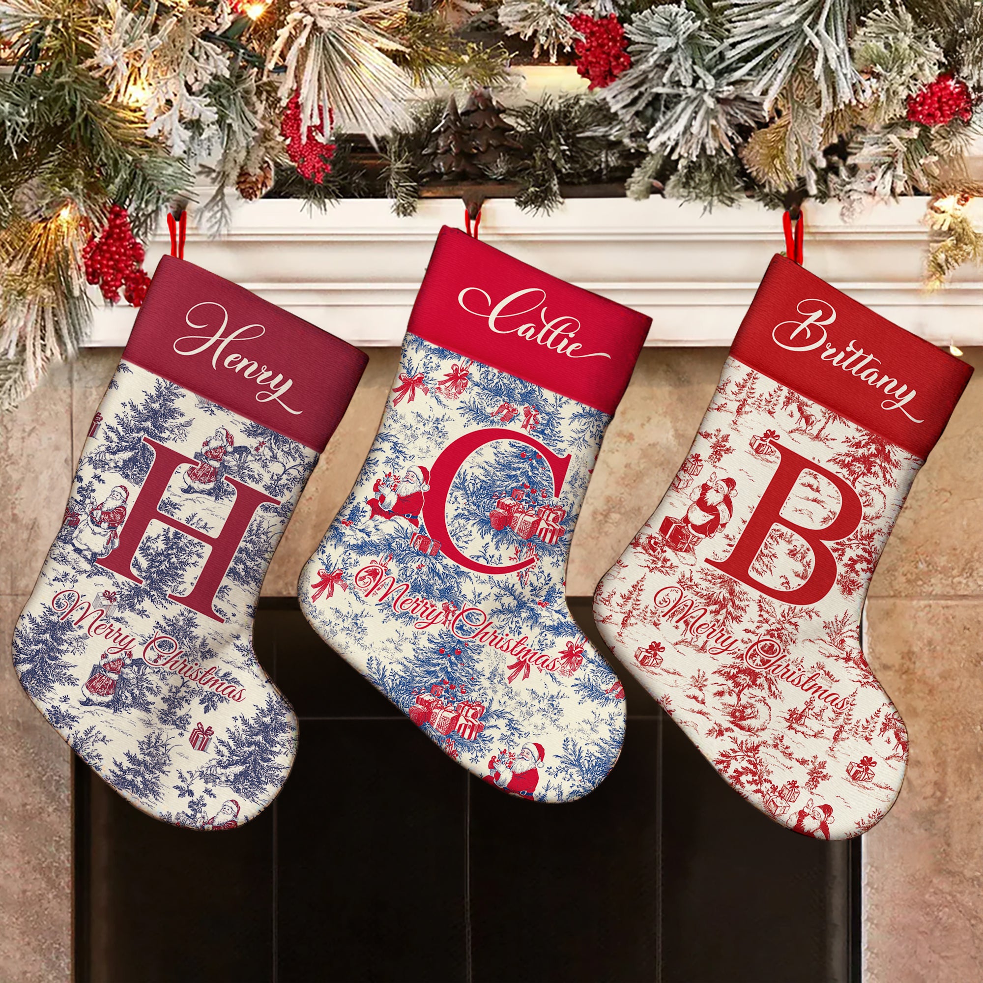 Personalizada Toile De Jouy estilo Santa Claus inicial colgante de Navidad media con nombre decoración del hogar regalo de Navidad para la familia Kid