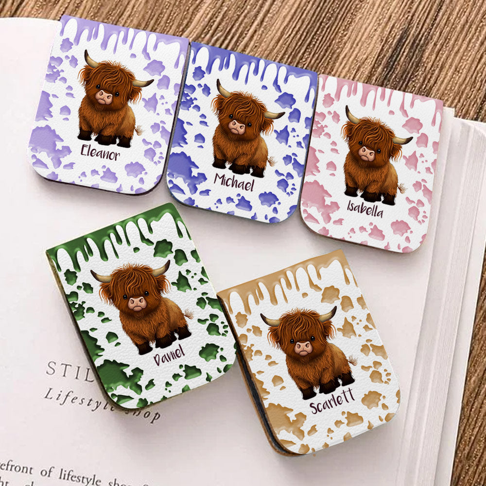 Personalizado lindo Highland Vaca de cuero de la PU Marcapáginas magnético Clip con nombre Regalo de cumpleaños para los lectores de libros Highland entusiastas de la vaca