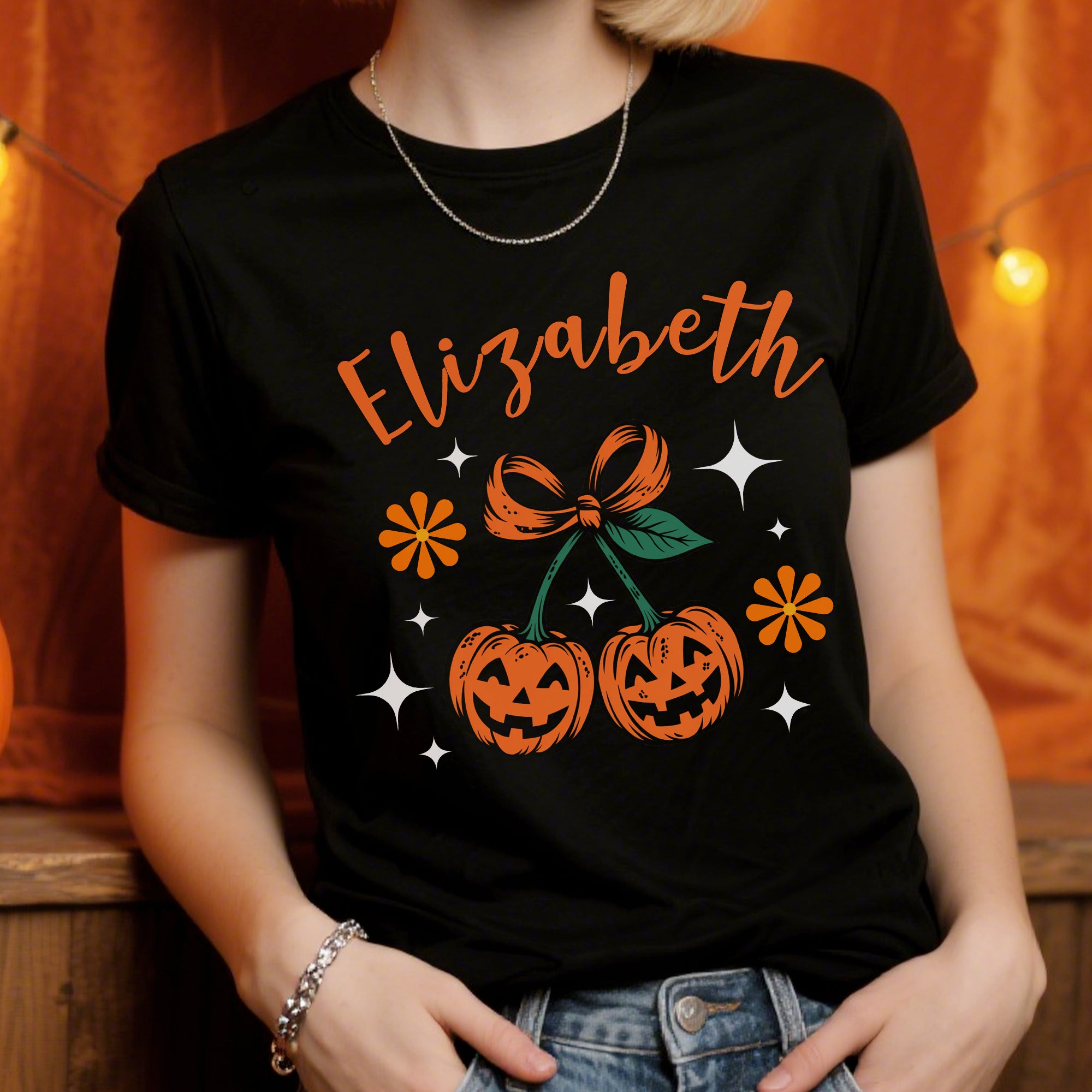 Personalizado Cherry Bow calabaza suave camiseta sudadera con el nombre de desgaste diario espeluznante temporada de Halloween regalo para la familia amigo
