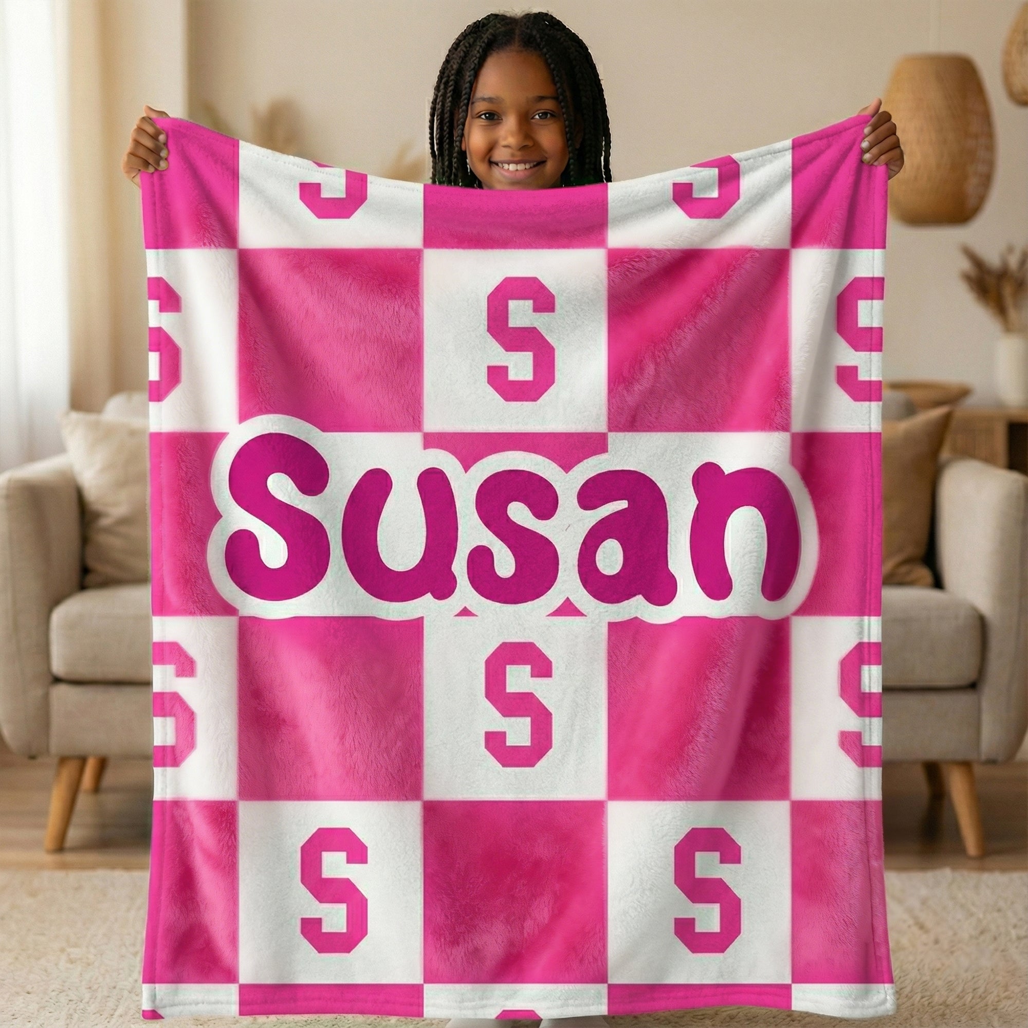 Manta suave personalizada con nombre e iniciales en diseño de cuadros multicolor Decoración del hogar Regalo de cumpleaños para niños