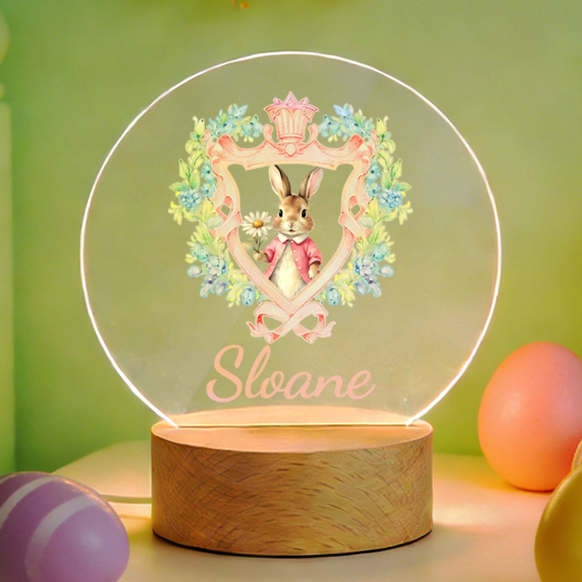 Conejito de Pascua de flores personalizado Luz nocturna LED acrílica con nombre y base de madera Decoración del hogar Regalo de Pascua para niños