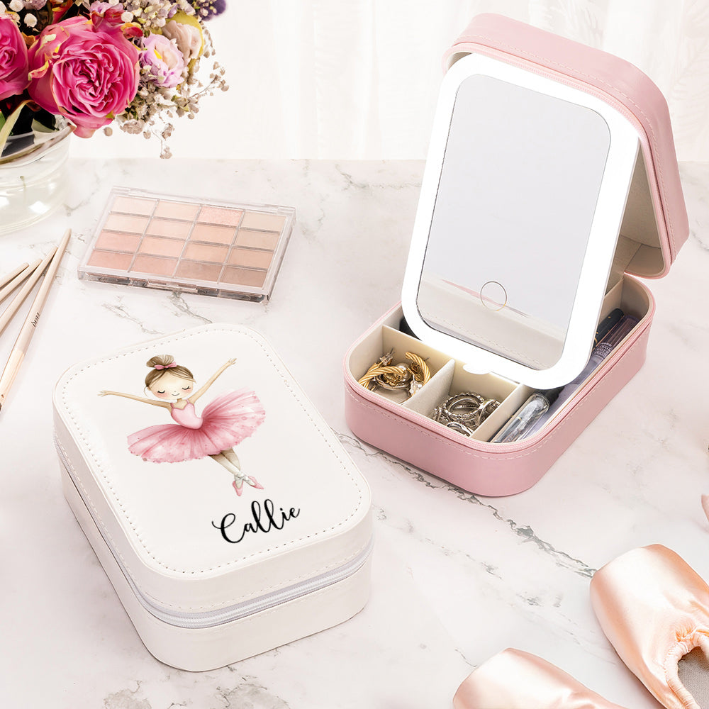 Caja de joyería de cuero de la PU de la muchacha personalizada de la bailarina con el espejo ajustable del maquillaje del tres-color LED Regalo de cumpleaños del aniversario para los bailarines del ba