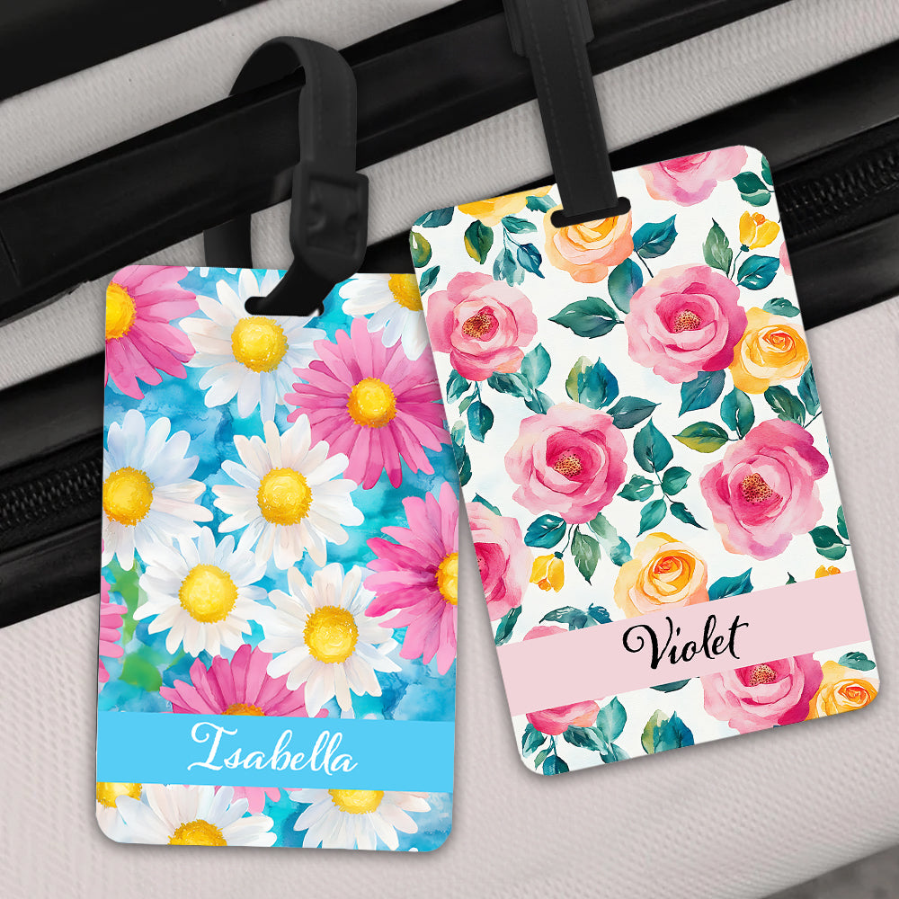 Etiqueta personalizada de equipaje con diseño de rayas de flores de acuarela y nombre Accesorios de viaje Regalo de cumpleaños para los amantes de los viajes